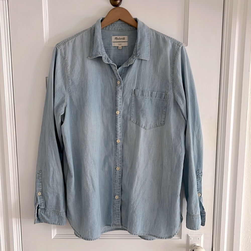 Madewell Blue Fitted 3/4 Sleeve Button Down Shirt - Picture 5 of 14